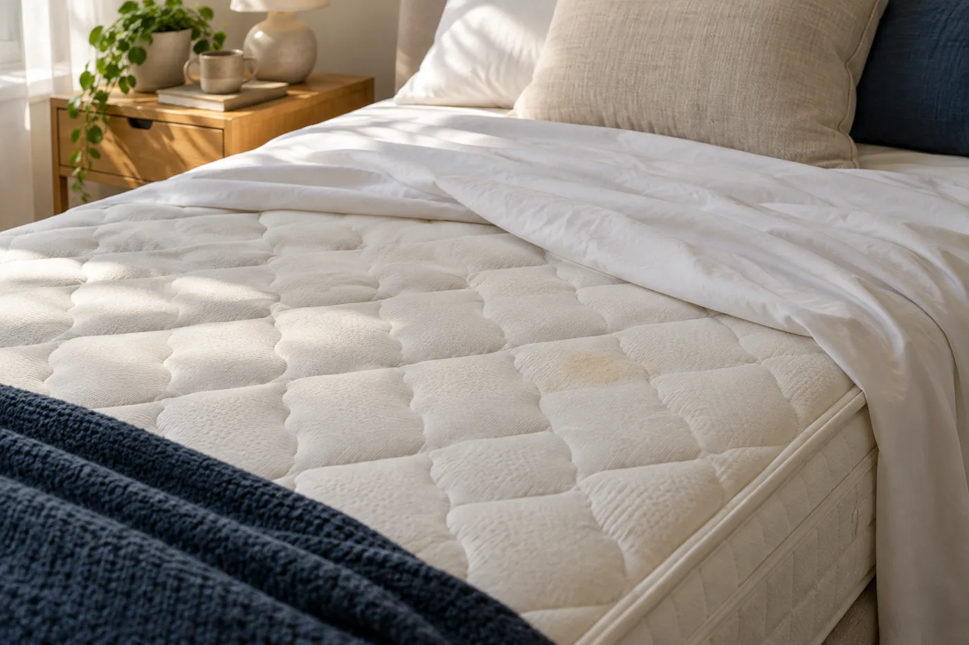 A quilted mattress with a subtle mark, ready for assessment