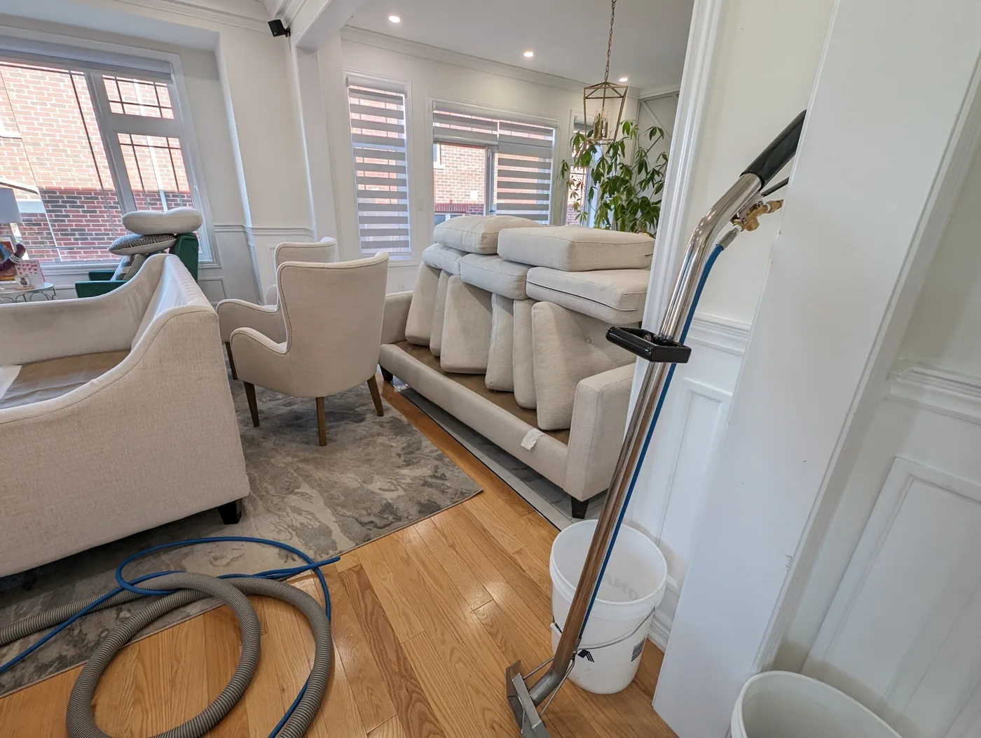 Cream upholstered furniture with cushions arranged during cleaning