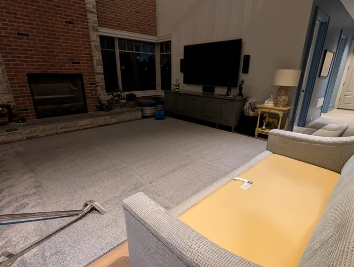 Carpet extraction wand beside furniture in a living room