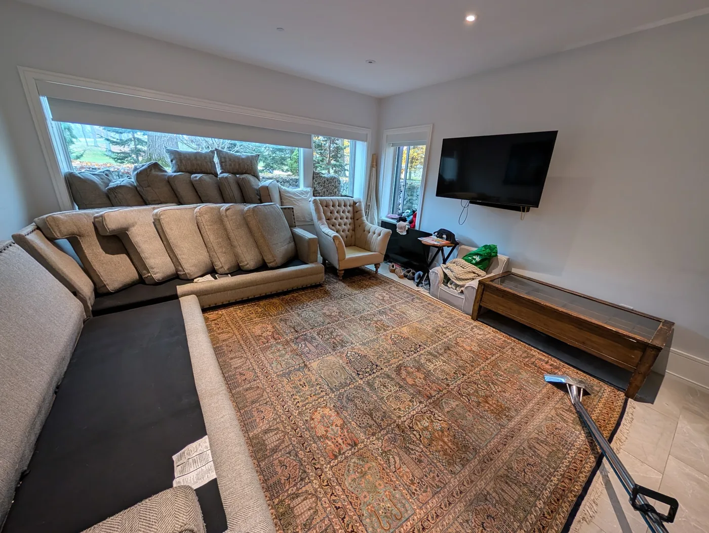 Sofa, armchair and patterned area rug being cared for together in a living room
