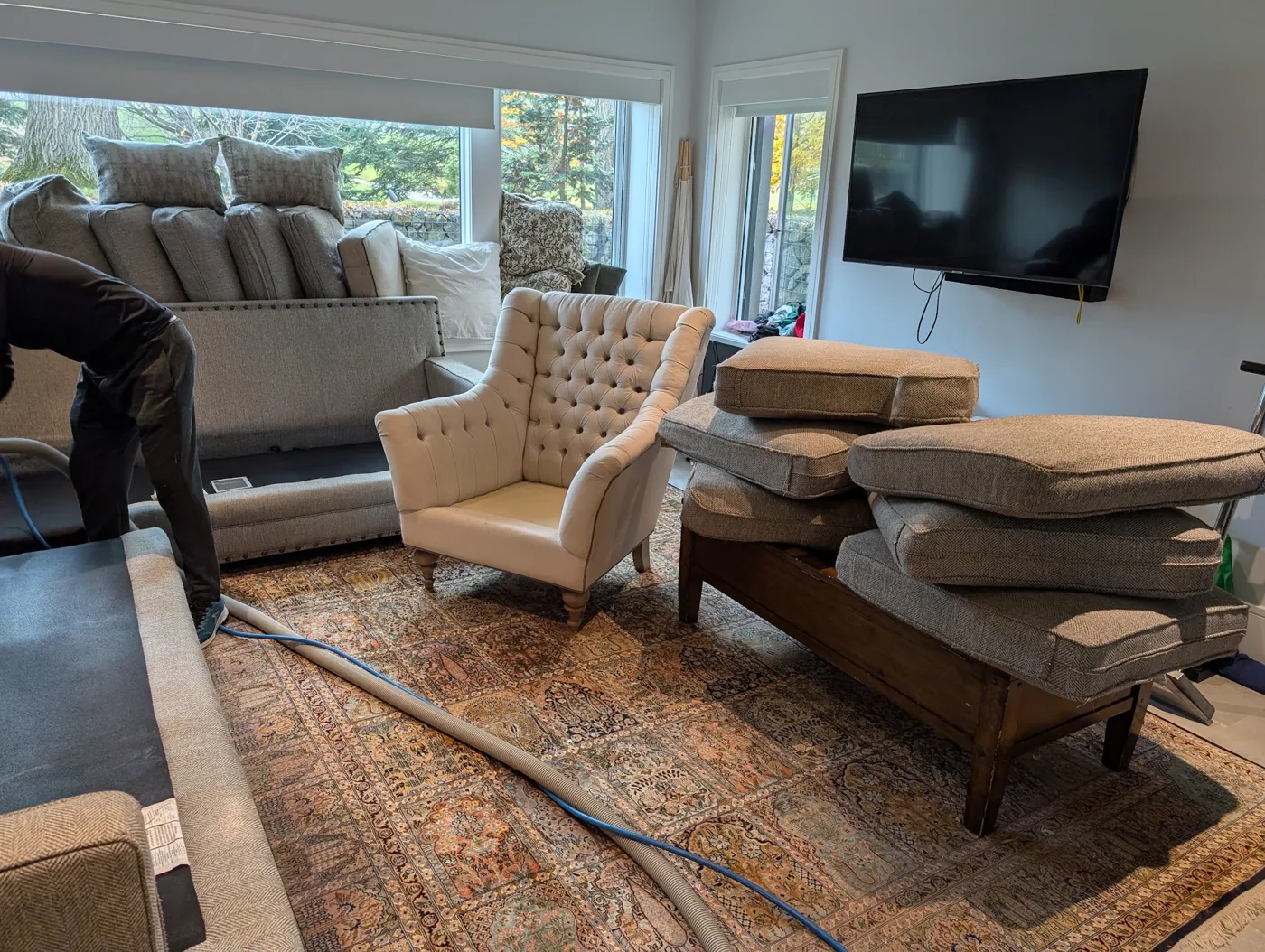 Upholstered furniture and cushions during a cleaning visit
