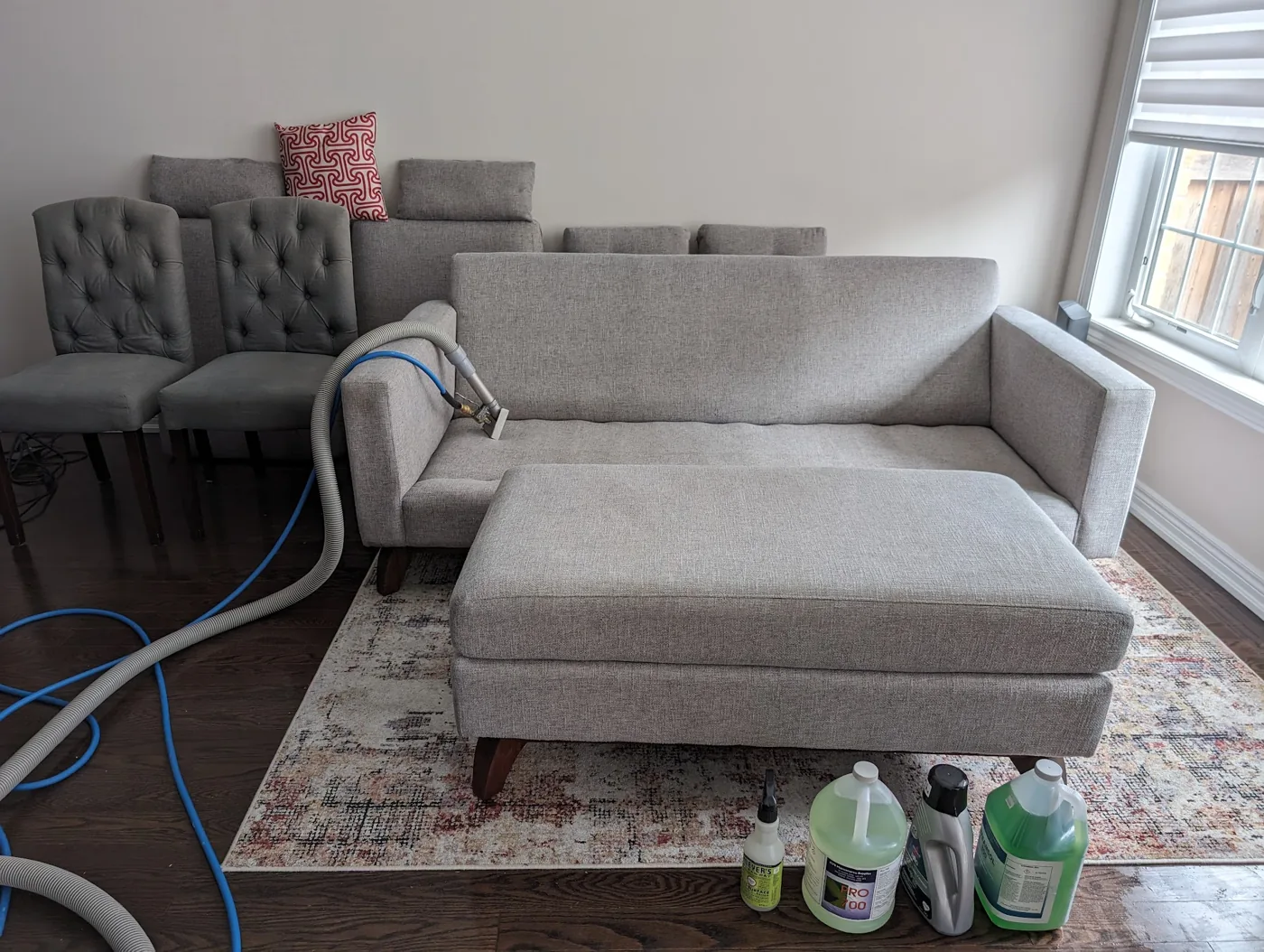 Upholstered sofa, ottoman and dining chairs