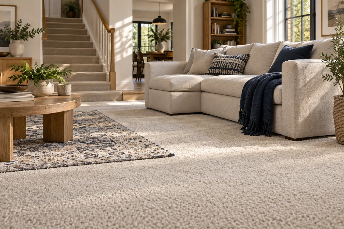 A warm living room with carpets and soft furniture