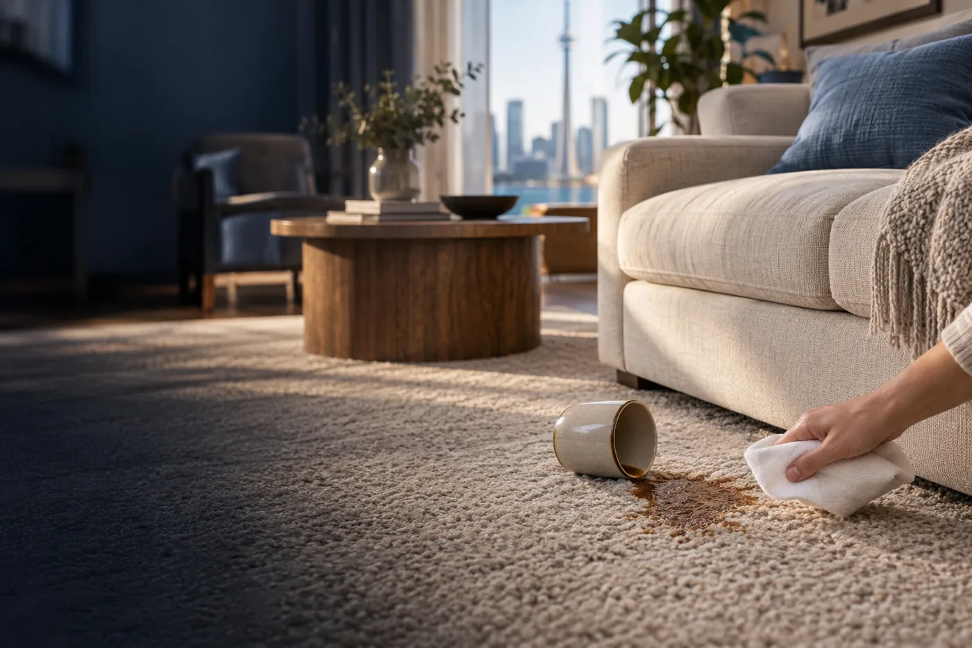 A small carpet stain beside a sofa, with a cloth ready to help