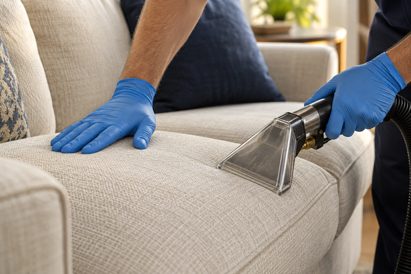 Upholstery tool and gloved hands on a sofa