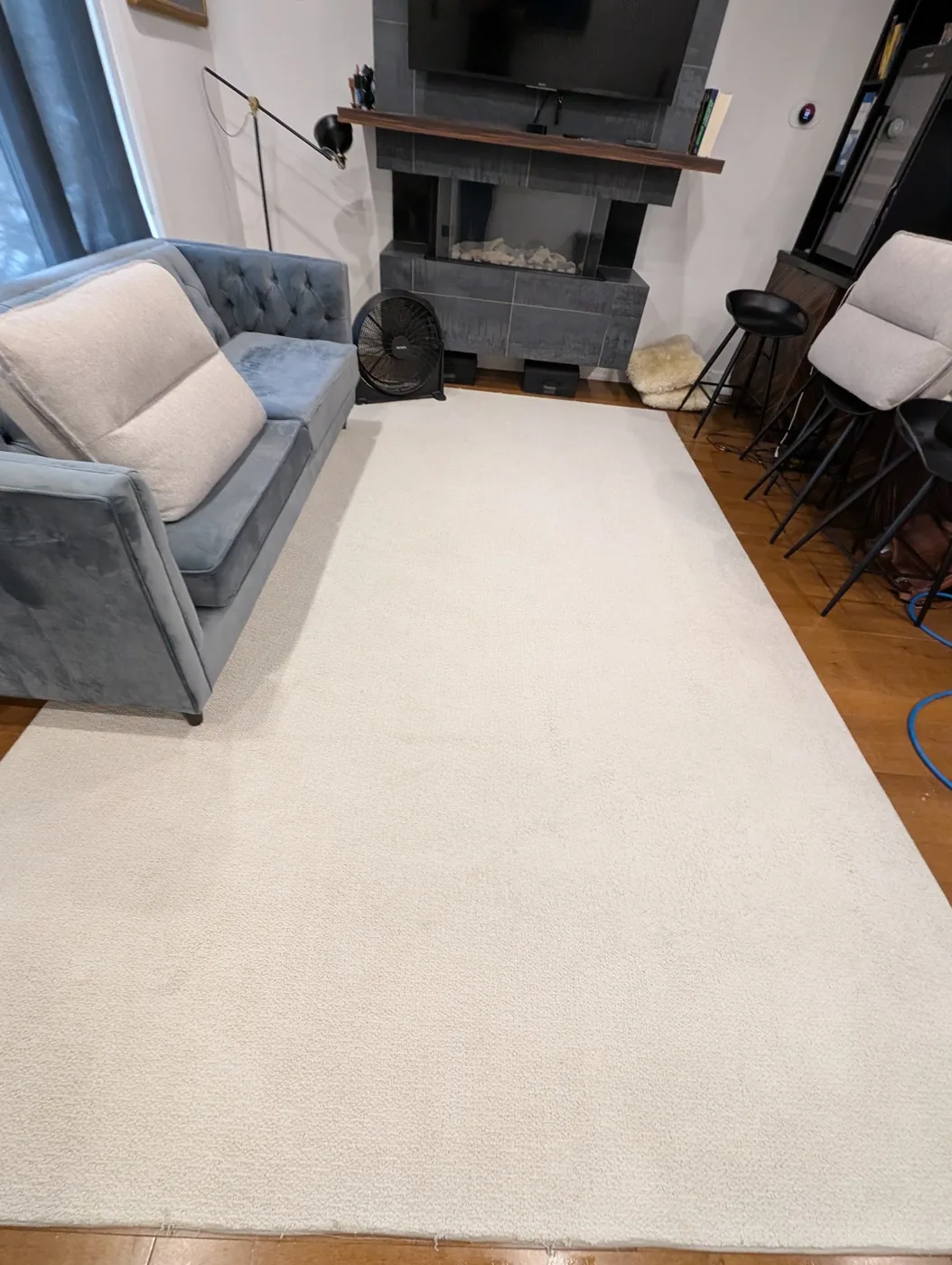 Pale area rug beside a blue sofa and a floor fan